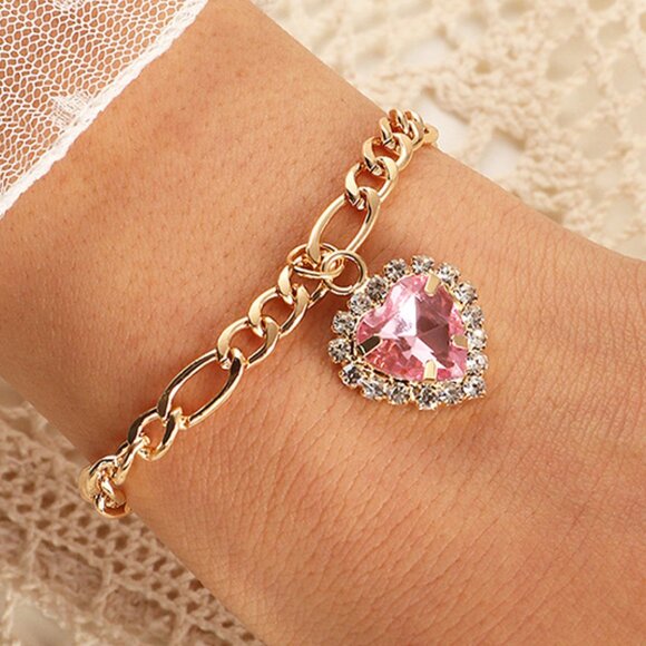 3/$35 Pink Heart Cubic Zirconia Gold Chain Charm Pendant Bracelet Diamond - Picture 6 of 7